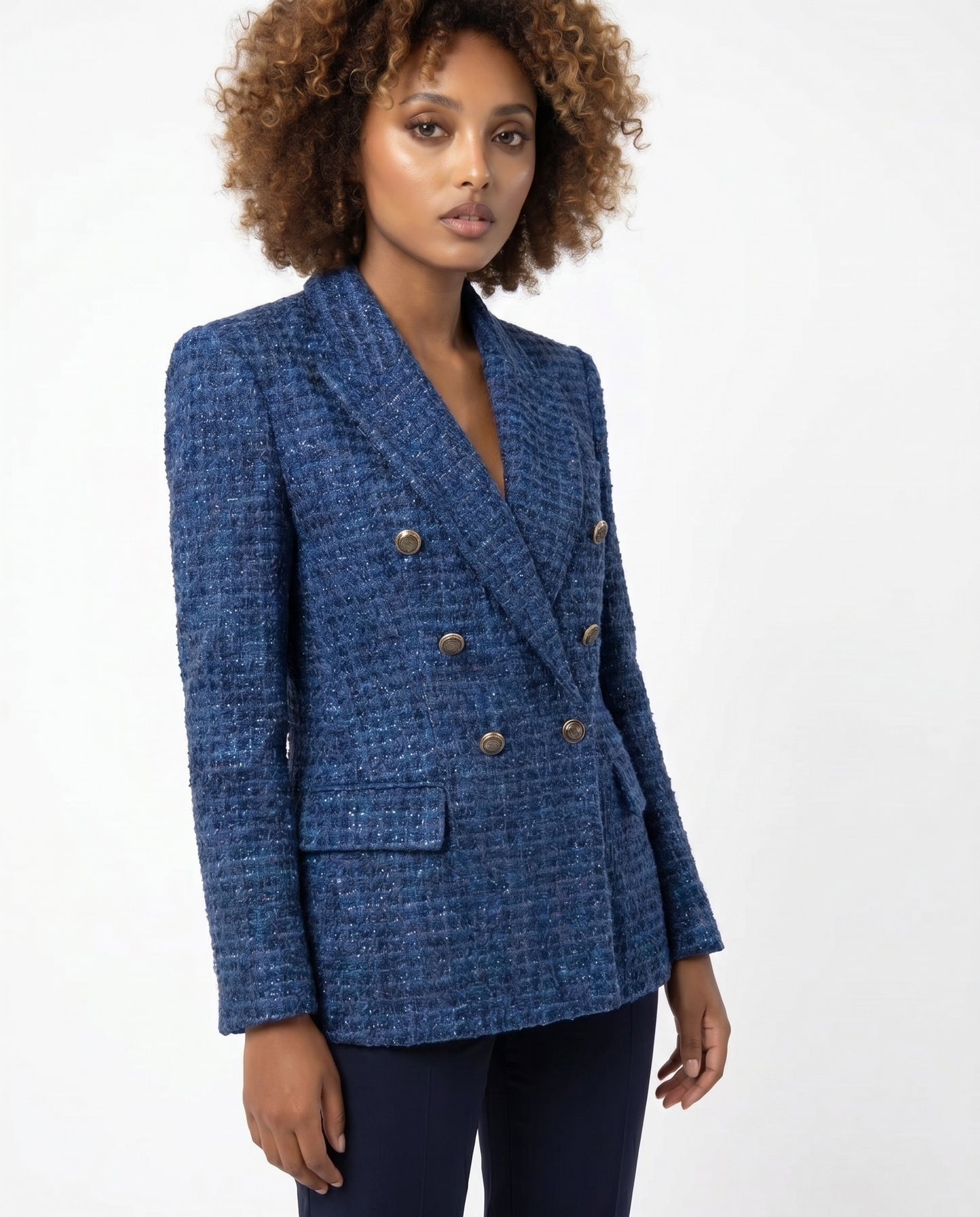 ZARA königsblauer Tweed-Blazer mit doppelreihiger Knopfleiste Größe S