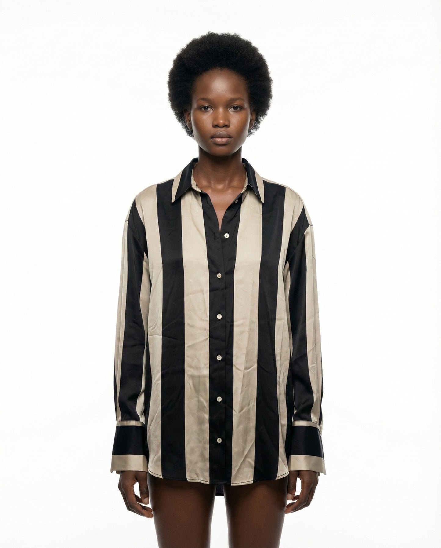 Zara Satinhemd gestreift Schwarz Creme — Damen