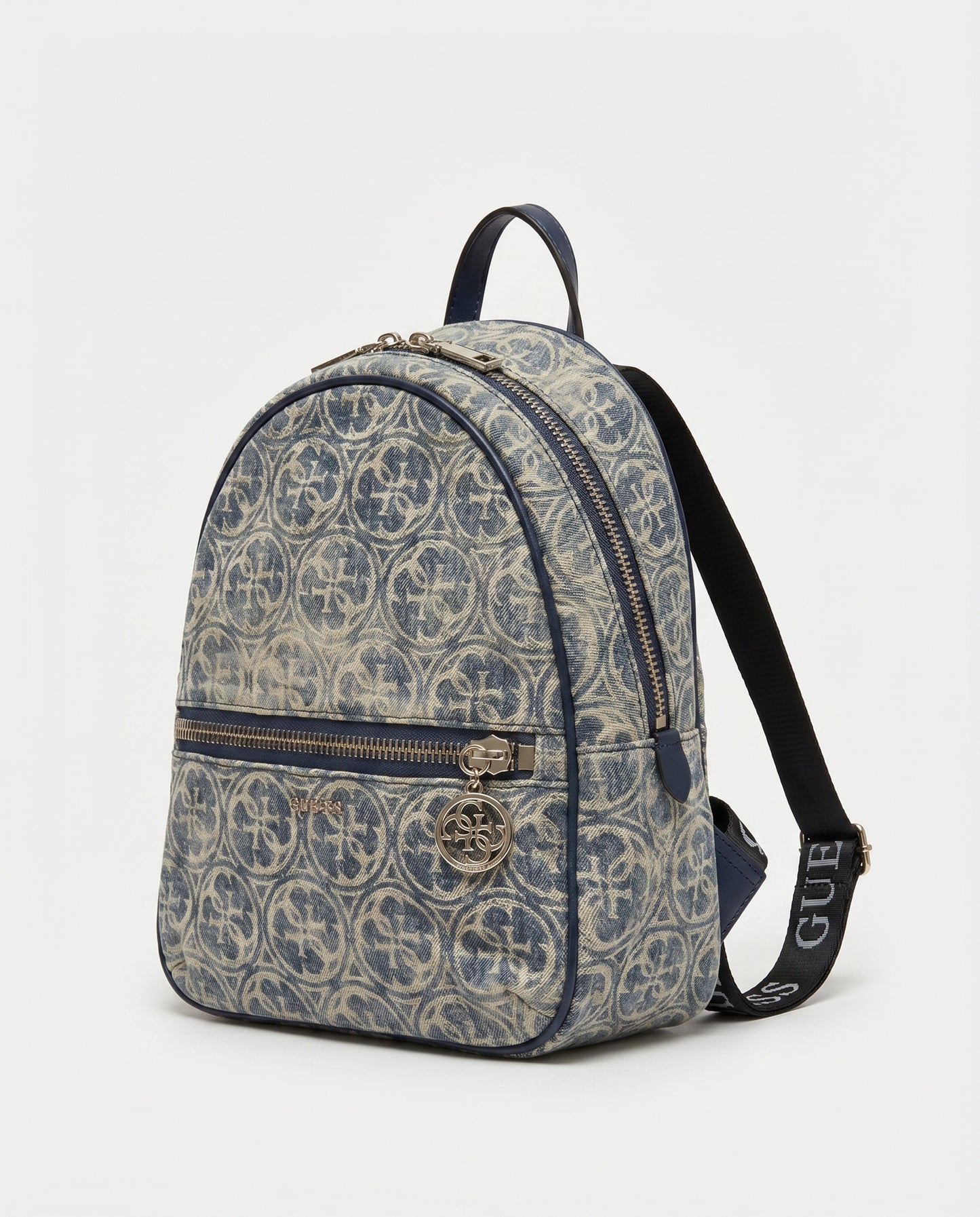 Blauer und beigefarbener Guess Rucksack mit Monogramm und Reißverschlusstasche