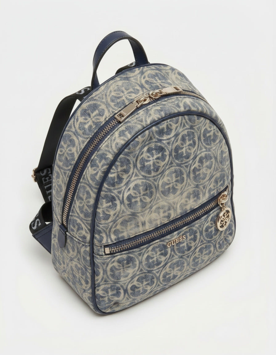 Blauer und beigefarbener Guess Rucksack mit Monogramm und Reißverschlusstasche