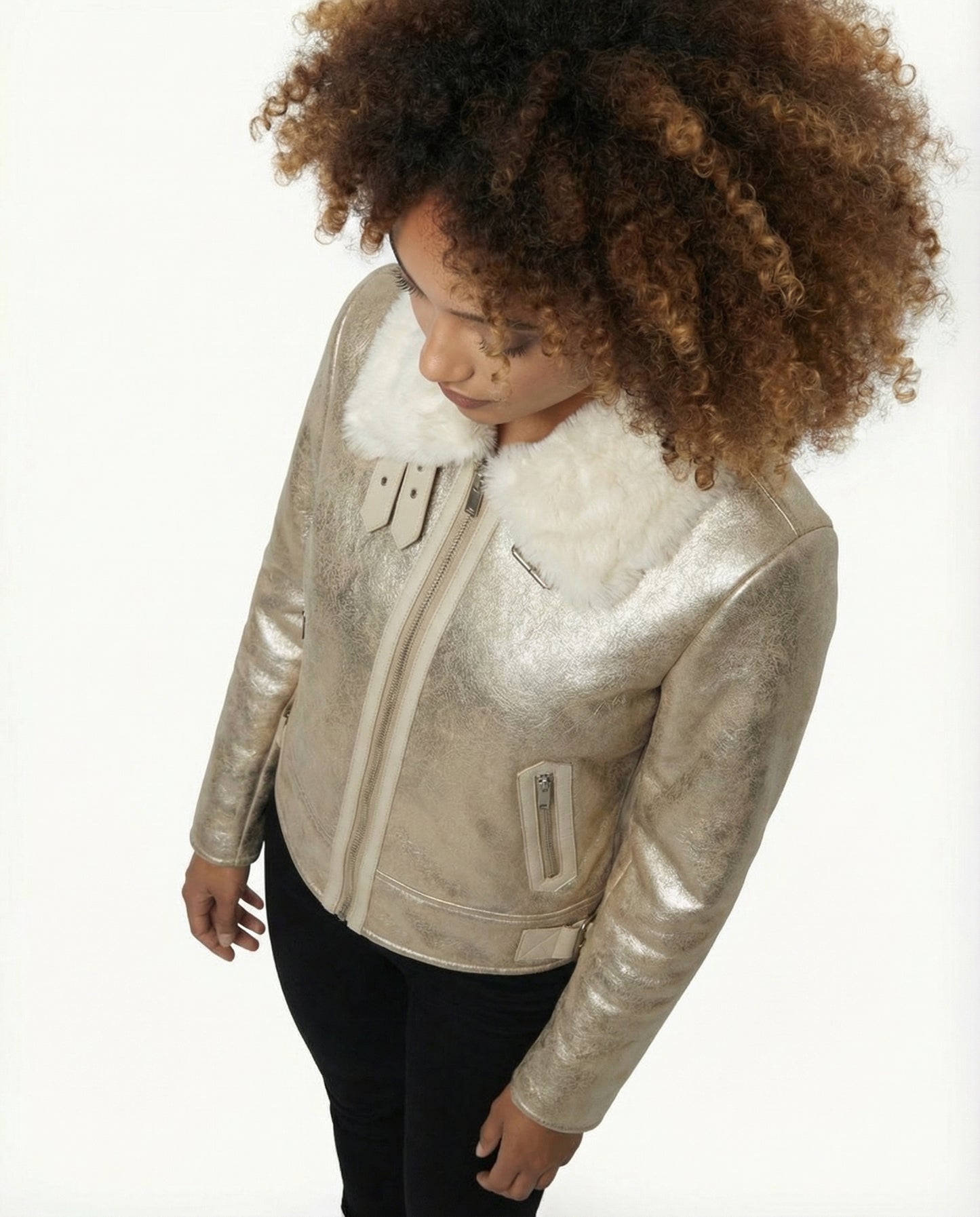 Desigual Fliegerjacke, gold-metallic, Kunstfellkragen, Größe 38 - Damen