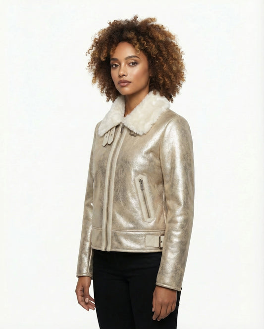 Desigual Fliegerjacke, gold-metallic, Kunstfellkragen, Größe 38 - Damen