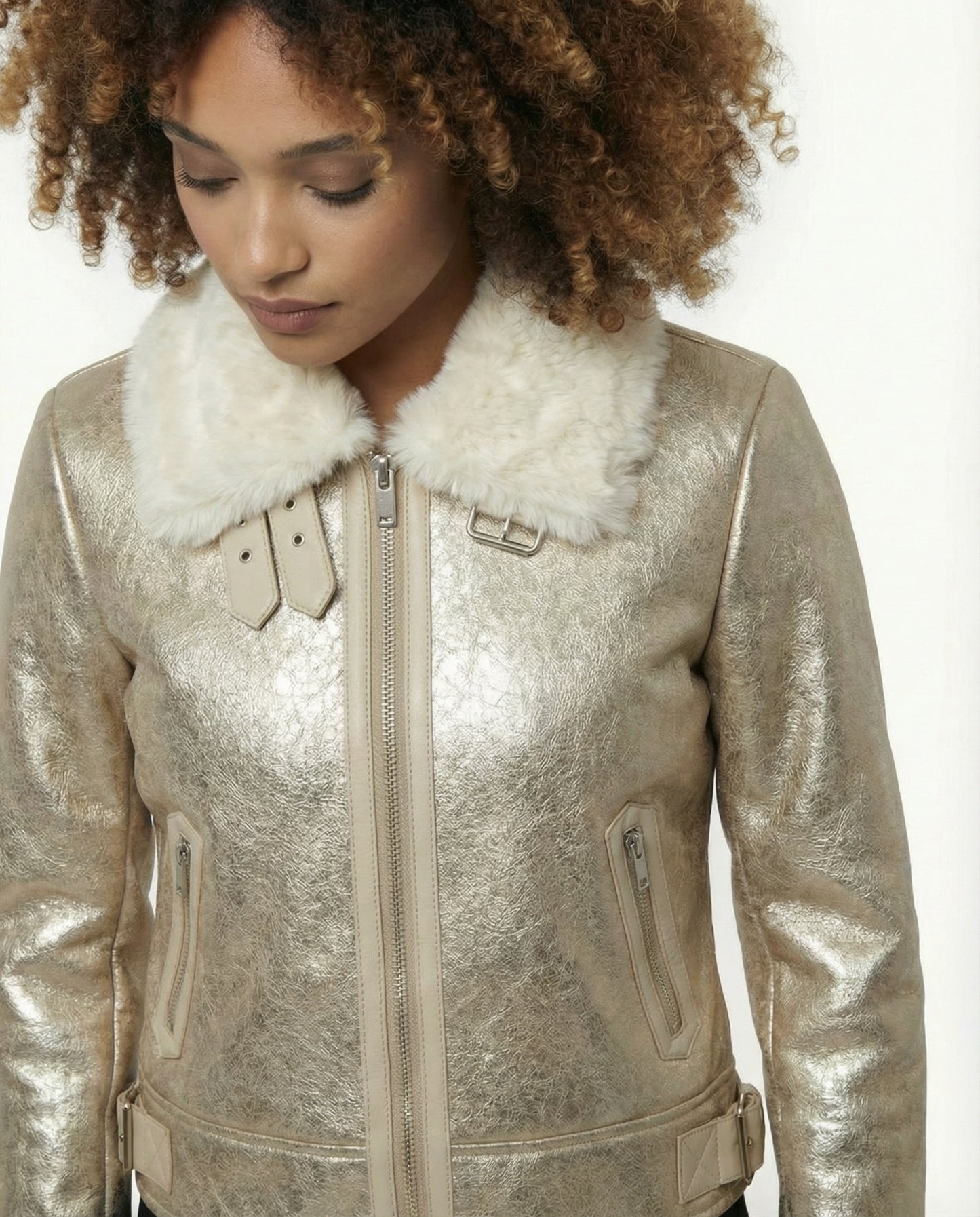 Desigual Fliegerjacke, gold-metallic, Kunstfellkragen, Größe 38 - Damen