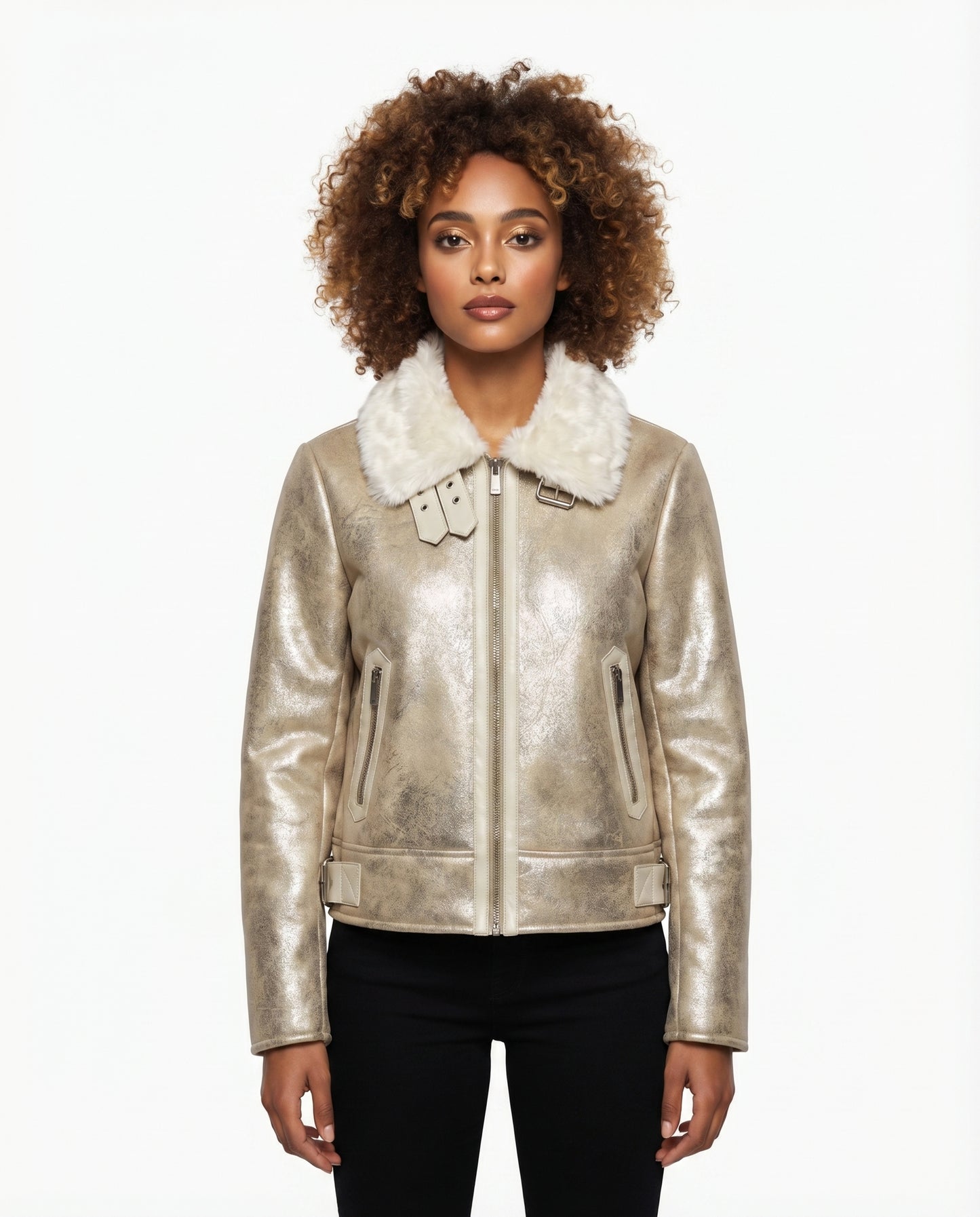 Desigual Fliegerjacke, gold-metallic, Kunstfellkragen, Größe 38 - Damen