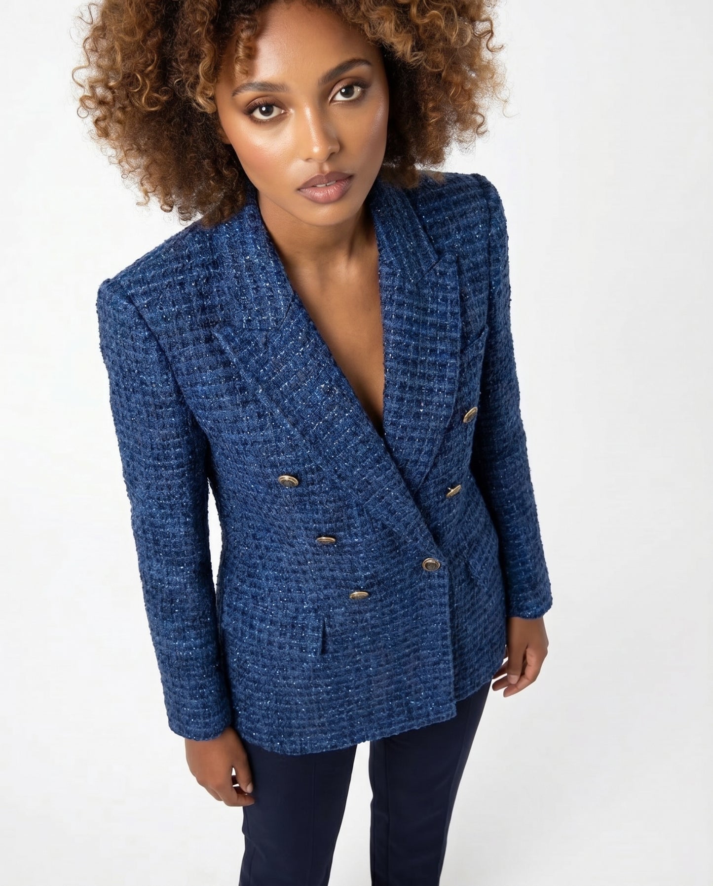 ZARA königsblauer Tweed-Blazer mit doppelreihiger Knopfleiste Größe S
