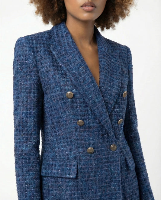ZARA königsblauer Tweed-Blazer mit doppelreihiger Knopfleiste Größe S