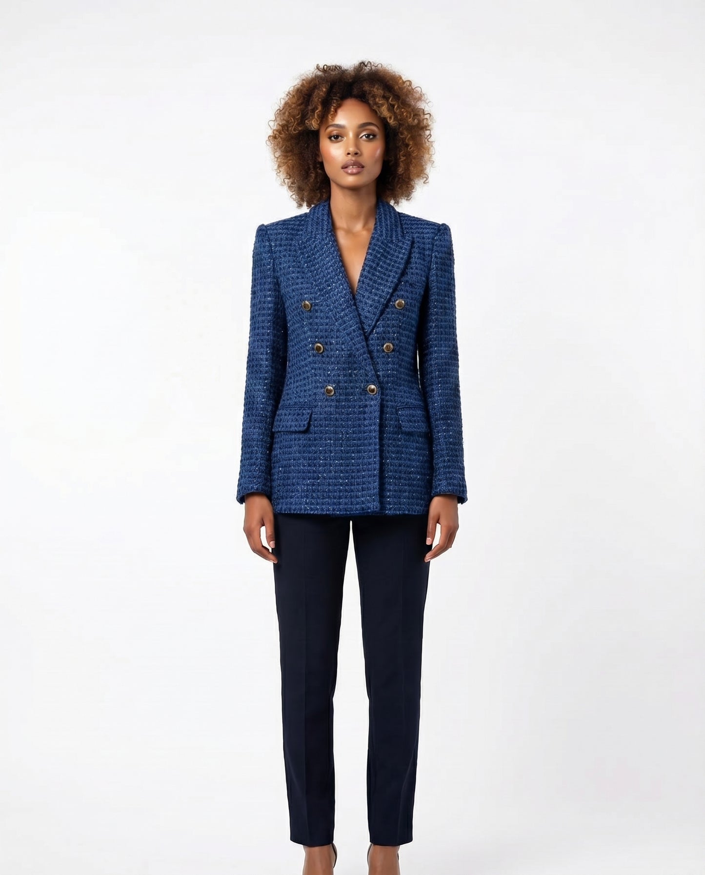 ZARA königsblauer Tweed-Blazer mit doppelreihiger Knopfleiste Größe S
